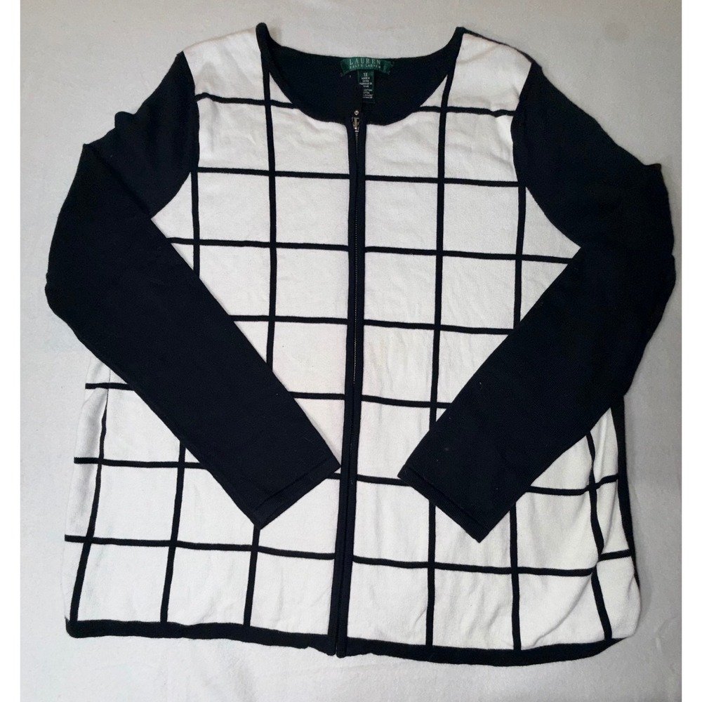 Lauren Ralph Lauren Cardigan Women 1X Black White Zip Grid Sweater